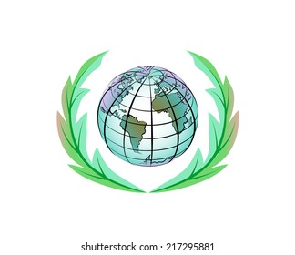Vector drawing of a planet Earth and green wreath.