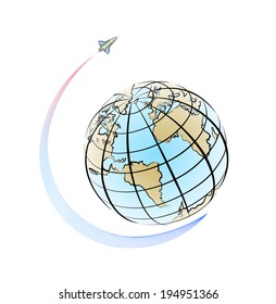 Vector drawing of a planet Earth and rocket.