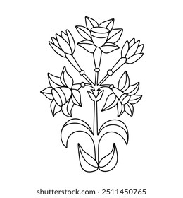 Vector drawing of a plant. Branch with leaves, flowers and buds. Decorative drawing of an ornamental element. Doodle illustration. Design element for logo, cards, invitations, menus, packaging