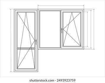 Vector drawing of plastic window with balcony door with dimensional lines.
Construction engineering template. Technical project on white
sheet of paper. Architectural design of building fragment.