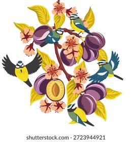 Vector que dibuja la rama del árbol de ciruelo con las hojas, las flores y las frutas y los pájaros voladores, aislados en el fondo blanco, ilustración dibujada a mano
