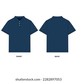 Vector drawing of a polo shirt with a short sleeve in blue. Polo t-shirt template with collar front and back view. Sketch classic polo shirt with three buttons, short sleeves.