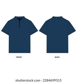 Vector drawing of a polo shirt with a zipper, front and back view. Outline T-shirt template with collar, short sleeve. Sketch of a men's polo shirt with a zipper, blue.