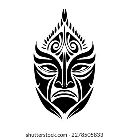 Dibujo vectorial de un tatuaje de máscara polinesia en blanco y negro.