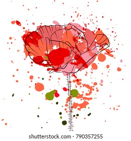 vector drawing poppy flower and paint stains, hand drawn illustration