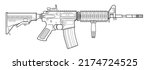 Vector drawing of an popular assault rifle with adjustable stock, collimator and vertical foregrip on a white background.
