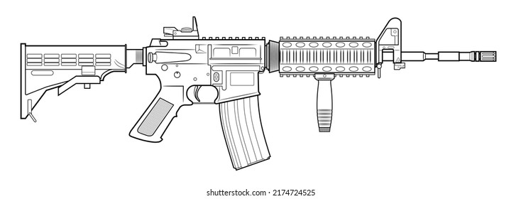 Vector Drawing Of An Popular Assault Rifle With Adjustable Stock, Collimator And Vertical Foregrip On A White Background.