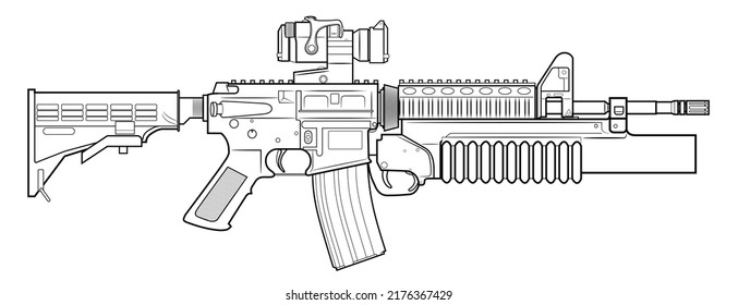 Vector Drawing Of An Popular Assault Rifle With Adjustable Stock, Optical Sight And M203 Grenade Launcher On A White Background.