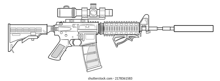 Vector Drawing Of An Popular Assault Rifle With Adjustable Stock, Optical Sight, Silencer And The Triangle Front Grip On A White Background.