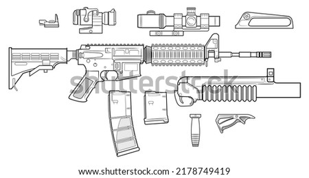 Vector drawing of an popular assault rifle with adjustable stock and equipment such as a magazines, optical sights, collimator, granade launcher and handgrips on a white background