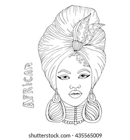 Vector drawing portrait of a beautiful African girl in a scarf drape with a knot on her head. Hand drawn inscription African. Isolated on a white background