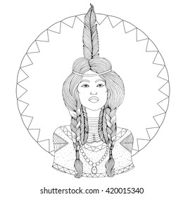 Vector drawing portrait of a beautiful young Native American girl with two braided pigtails and feathers in their hair. Girl red indian. Native americans, indian woman. In circle of background