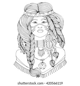 Vector Drawing Portrait Of A Beautiful Young Native American Girl With Two Braided Pigtails And Feathers In Their Hair. . Native Americans, Indian Woman. On Isolated White Background