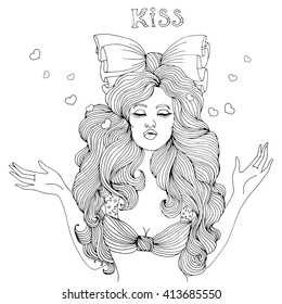 Vector drawing portrait of a glamorous girl with long wavy hair and a big bow on her head. Girl with eyes closed pulling her lips to kiss, sends air flying kiss with hearts.  Romantic playful girl. 