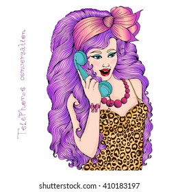 Vector drawing portrait of a glamorous young girl with long wavy hair purple
shade. Girl in retro style in t-shirt with leopard print fun talking on the phone turquoise. Phrase telephone conversation