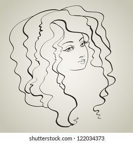vector drawing with a portrait of the young, beautiful girl