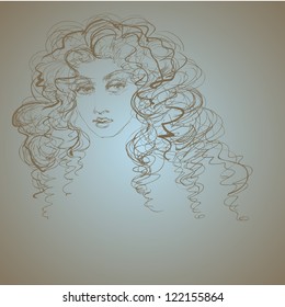 vector drawing with a portrait of the young, beautiful girl