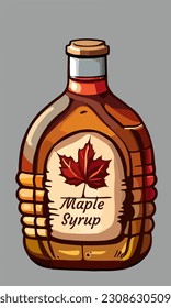 dibujo vectorial que presenta una botella completa de delicioso jarabe de arce canadiense dulce aislado en un fondo gris.