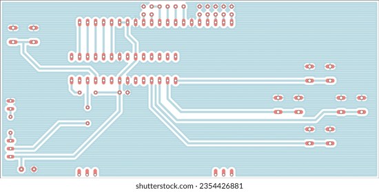 Dibujo vectorial de la tarjeta de circuito impreso de un dispositivo electrónico con conductores y almohadillas de contacto. Proyecto técnico de ingeniería. Fondo eléctrico.