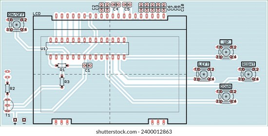 Vector drawing of printed circuit board 
of electronic device 
with seats, conductors and contact pads. Engineering technical project.
Electric pcb background.