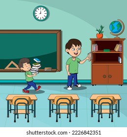 Vector drawing for printing of 2 students tidying up the classroom.