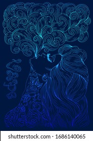 Dibujo vectorial en la cara sexy tatuada mujer con el pelo largo, dejar un par de cigarros electrónicos de vapor. Silueta clara Neon Afiche barra de violeta. Chica fumadora para colorear la página A4. sobre un fondo oscuro
