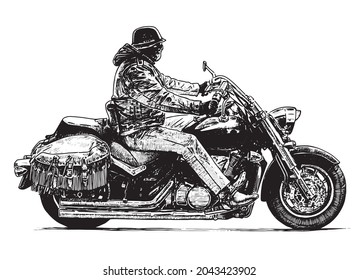Vector Drawing Profile Of Modern Urban Biker In Helmet And Mask Riding Cool Motorcycle