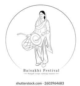 Vector drawing of Punjabi woman, Punjab people celebrating Baisakhi festival, A vector line drawing of beautiful tall lady