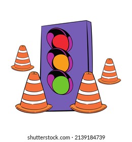 vector drawing of a purple traffic light and a roadblock to educate children about traffic rules