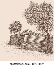 Vector drawing. A quiet romantic corner of the park with a bench under a blooming lilac bush 