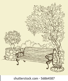 Vector drawing. A quiet romantic corner of the park with a bench under a blooming lilac bush