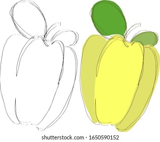 Vektorillustration Zeichnung von Quitte. Lineare Freehand-Skizze und Farbskizze. Tolle Idee für eine Postkarte, Kalender, Ferieneinladung, Packpapier. Geeignet für die Dekoration von Rezepten, Rahmen, Tagebücher.