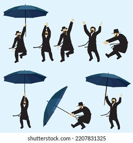 Vector drawing of Rabbinical Hasidic Jews dancing happy with umbrellas flying in the air.
The figures are wearing a long black suit, a hat, and a beard. Blue sky background.