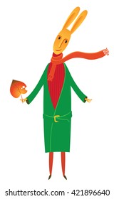 vector drawing of a rabbit in a coat with a scarf, and a leaf in hand