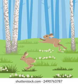 vector drawing rabbits in birch grove, hand drawn animals at green forest with trees and flowers background , cartoon style character