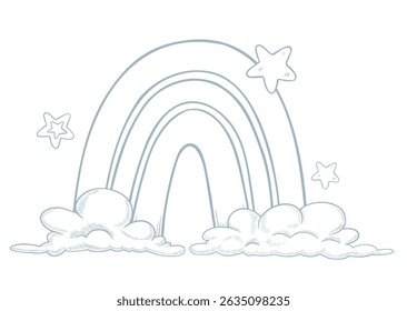 Vector drawing of a Rainbow with clouds and stars for baby shower invitations or newborn greeting cards. Linear illustration for whimsical nursery decor or weather designs. Engraving for posters.