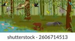 vector drawing rainforest landscape with animals, birds and trees , jungle background,animal in nature, hand drawn illustration