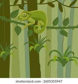 vector drawing rainforest landscape with chameleon , jungle background,animal in nature, hand drawn illustration