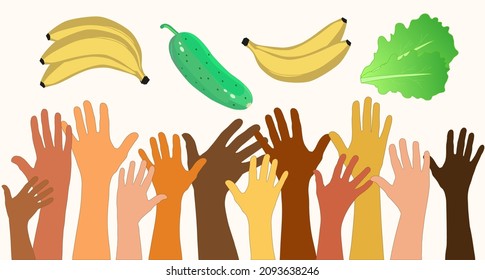 Vector drawing, raised multicolored hands reaching for falling vegetables. The concept of hunger, lack of food.