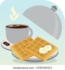 Vector drawing of a ready-made breakfast. Hot waffles and freshly brewed coffee. The finished image in a flat style.