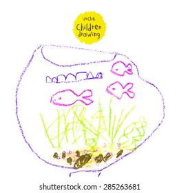 Vector drawing of real children. Aquarium with fish