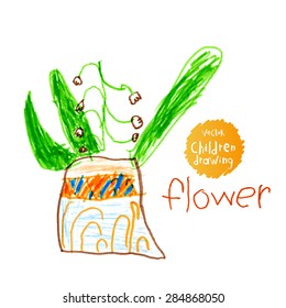 Vector drawing of real children. Flower in pot