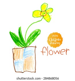 Vector drawing of real children. Flower in pot