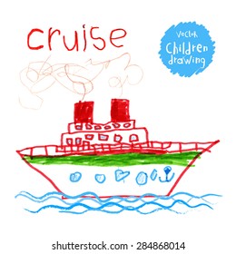 Vector drawing of real children. A ship at sea