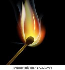 
vector drawing - realistic burning match on a black background