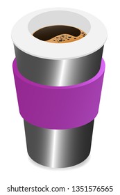 Vector drawing. Realistic illustration. Image metal thermocup with coffee on a white background