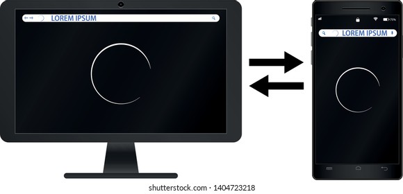 Vector drawing, realistic image two gadgets black colors of mobile phone and computer monitor with screens for information, on white background. May be used to post information, advertising etc