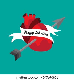 A vector drawing of a realistic tattoo-style heart shot by a love arrow with a ribbon sign saying happy valentine.