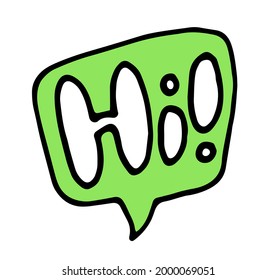 Vector drawing of a rectangular speech bubble with the text hello with an exclamation mark. hand-drawn in the style of doodles with a white line on a green background. an isolated element in a chat 