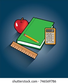 Vector drawing of red apple, green book, calculator and wooden ruler on blue background.